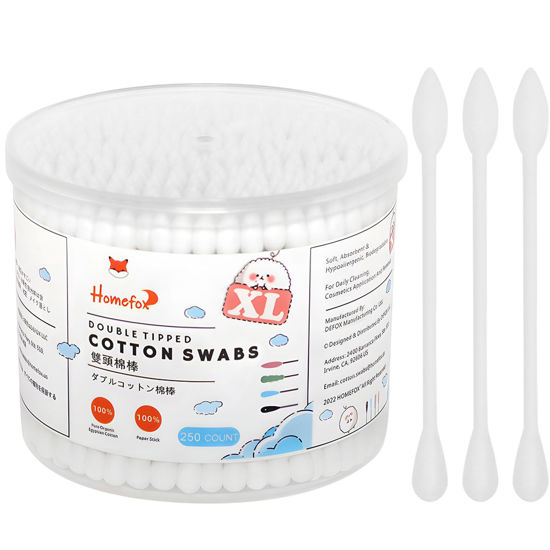 Picture of HOMEFOX XL Thick Cotton Swabs Pointed Precision - 250 Count Extra Large - Pointy Organic Cotton Buds Double Side Tightly Wrapped Cotton Tips Paper Stick Cruelty-Free, XL Pointy & Round White