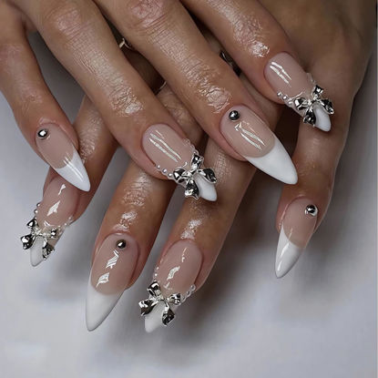 Picture of LPOODDNU White French Press on Nails Almond, Medium 3D Bow Fake Nails Almond Shape Acrylic False Nails Cute Artificial Nails Press ons Reusable Glue on Nails for Women and Girls 24Pcs