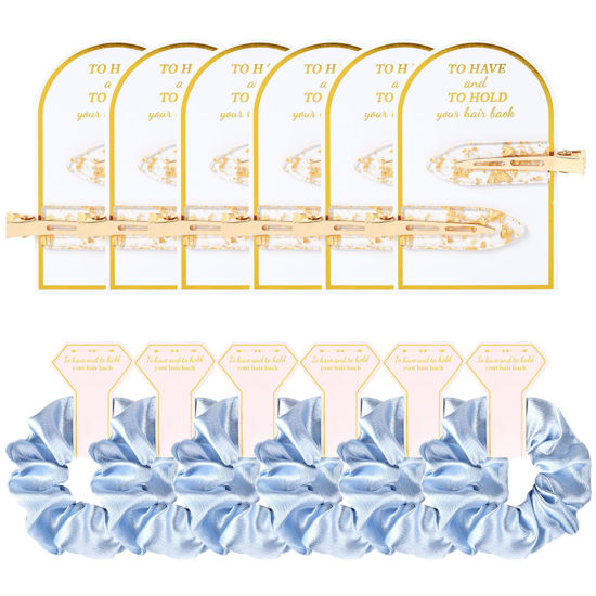 Picture of 12 PCS Silk Satin Soft Blue Hair Accessories - Bridesmaid Proposal Favors with Hair Clips, Scrunchies, and Bridal Shower Gifts for Women and Girls