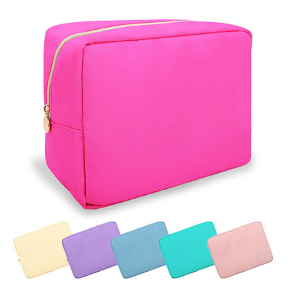 Picture of UIXIZQ Waterproof Large Makeup Bag Pouch,Nylon Women Travel Toiletry Storage Bag Preppy Cosmetic Bag for Girls,Big Makeup Organizer Bag Cute Zipper Pouch Bag for Sport Work Gift(Large-Hot Pink)