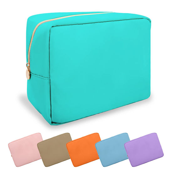 Picture of UIXIZQ Waterproof Large Makeup Bag Pouch,Nylon Women Travel Toiletry Storage Bag Preppy Cosmetic Bag for Girls,Big Makeup Organizer Bag Cute Zipper Pouch Bag for Sport Work Gift(Large-Mint Green)