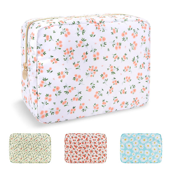Picture of Waterproof Large Floral Makeup Bag Pouch,Nylon Travel Toiletry Storage Bag Preppy Flower Cosmetic Bag for Women Girl,Large Capacity Makeup Organizer Bag Zipper Pouch for Work(Large White-Flowers)