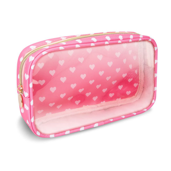 Picture of Clear Small Makeup Bag with Zipper, Nylon&PVC Cosmetic Travel Bag Preppy TSA Approved Toiletry Bag for Women Girls, Transparent Waterproof Makeup Pouches Cute Travel Bag for Purse(Small-Pink Heart)