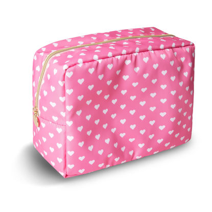 Picture of UIXIZQ Waterproof Large Makeup Bag Pouch,Nylon Women Travel Toiletry Storage Bag Preppy Cosmetic Bag for Girls,Big Makeup Organizer Bag Zipper Pouch Skincare Bag for Sport Work Gift(Large-Pink Heart)