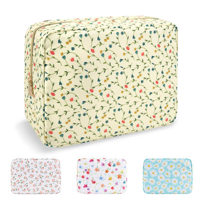 Picture of Waterproof Large Floral Makeup Bag Pouch,Nylon Travel Toiletry Storage Bag Preppy Flower Cosmetic Bag for Women Girl,Large Capacity Makeup Organizer Bag Cute Zipper Pouch(Large Light Yellow-Flowers)