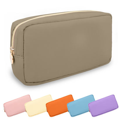 Picture of Waterproof Small Makeup Bag Pouch for Purse,Nylon Travel Toiletry Storage Bag Cute Preppy Cosmetic Bag for Women Girl,Waterproof Makeup Organizer Bag Skincare Bag Purse with Zipper(Small-Khaki)