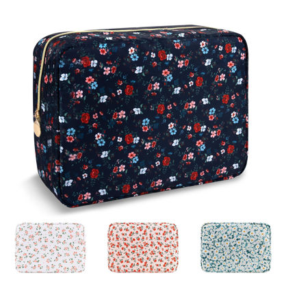 Picture of Waterproof Large Floral Makeup Bag Pouch,Nylon Travel Toiletry Storage Bag Preppy Flower Cosmetic Bag for Women Girl,Large Capacity Makeup Organizer Bag Zipper Pouch for Work(Large Black-Flowers)