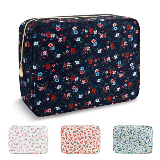 Picture of Waterproof Large Floral Makeup Bag Pouch,Nylon Travel Toiletry Storage Bag Preppy Flower Cosmetic Bag for Women Girl,Large Capacity Makeup Organizer Bag Zipper Pouch for Work(Large Black-Flowers)