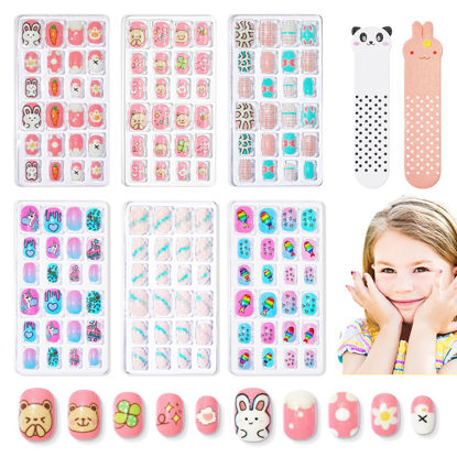 Picture of Modelones Press on Nails for Kids 144Pcs 6 Pack Children Acrylic Fake Nails Pre-glue Full Cover Glitter Gradient Color Ice-Cream Fruit Short False Nail Art Kits Sets Christmas Gifts for Kids Girls