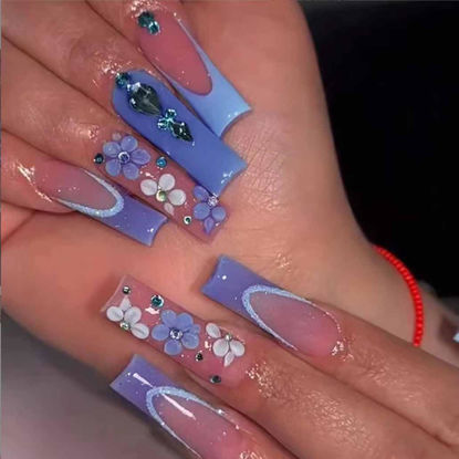 Picture of Foccna Long Blue Fake Nails Square French Press on Nails Flower Design Bling Glossy Rhinestone False Nail Tips Artificial Nails Finger Manicure for Women and Girls-24pcs