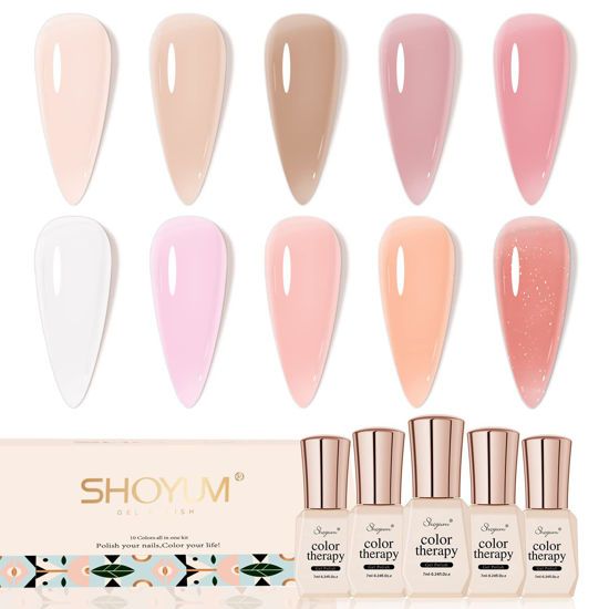 Picture of SHOYUM Jelly Pink Gel Nail Polish Set, 10 Colors Spring Summer Nude Kit Milky White Natural Gel, Soak Off LED DIY Art Salon Manicure Gifts for Girls.
