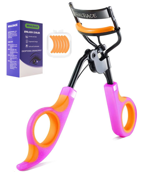 Picture of Whalrace Eyelash Curlers with 6PCS Extra Replacement Pads, Premium Quality Eye Lash Curler, Superior Curling Effect, Easy to Hold and Use, Valentines Day Gifts for Her - Orange Purple Handle