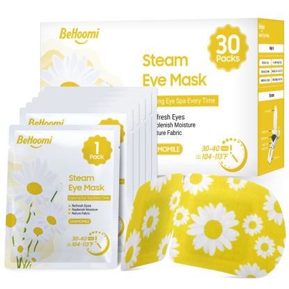 Picture of BeHoomi 30Packs Steam Eye Mask, Heated Eye Mask Warm Compress for Eyes, Self Heating Disposable Eye Masks for Home Sleep, Spa, Travel Essentials & Relaxation Gifts, Stocking Stuffers (Chamomile)