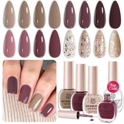 Picture of AZUREBEAUTY Nail Polish Set Vegan 4 Colors Nude Purple Glitter Nail Polish Quick Dry Natural Nail Lacquer Fingernail Strengthening Treatment Kit with Top Coat DIY Salon Home