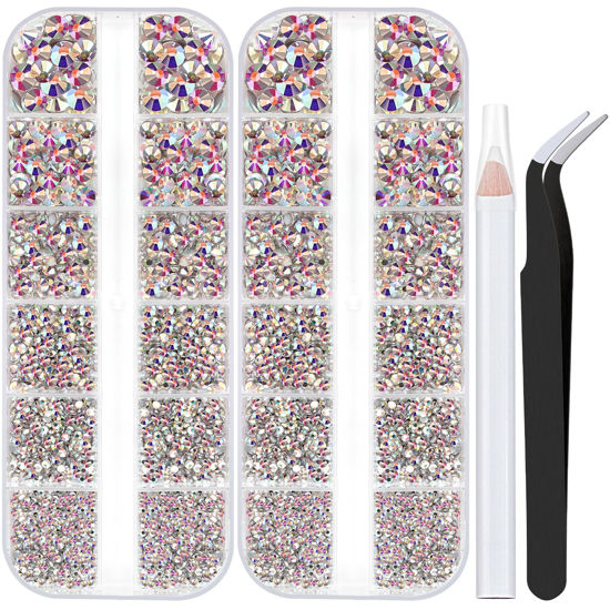 Picture of Two Packs of Flatback Rhinestones 4000 Pcs Nail Art Rhinestones Flatback Crystal AB Rhinestone with Picker Pencil and Tweezer For Nail Art and Decoration