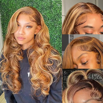 Picture of KeaBalo Highlight Ombre Lace Front Wigs Human Hair Pre Plucked with Baby Hair 13x4 Body Wave Frontal Wigs Human Hair 180% Density 4/27 Colored Honey Blonde Lace Front Wig for Women 22 Inch