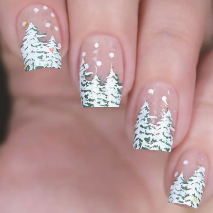 Picture of Christmas Press on Nails Short Square Fake Nails Christmas Tree French Tip False Nails With Silver Glitter Designs Full Cover Stick on Nails Acrylic Winter Xmas Artificial Nails for Women 24 Pcs