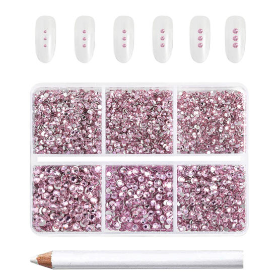 Picture of Beadsland 7200pcs Flatback Rhinestones,Pink Rhinestones Nail Gems Round Crystal Rhinestones for Crafts,Mixed 6 Sizes with Wax Pencil Kit, SS3-SS10,Light Rose/Light Pink