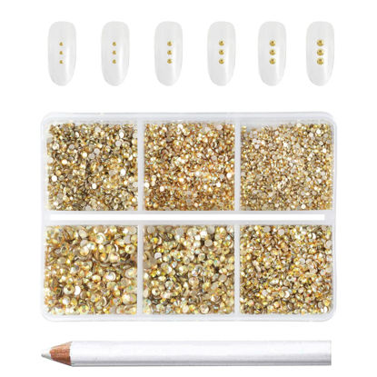 Picture of Beadsland 7200pcs Flatback Rhinestones,Gold Rhinestones Nail Gems Round Crystal Rhinestones for Crafts,Mixed 6 Sizes with Wax Pencil Kit, SS3-SS10,Metal Sunlight