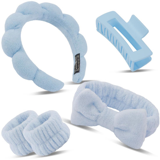Picture of Canitor Spa Headband Wrist Bands Set with Hair Clips Skincare Headband for Washing Face Skin Care Puffy Makeup Headband Preppy Teen Girl Gifts Cute Trendy Stuff Hair Accessories for Women (blue)