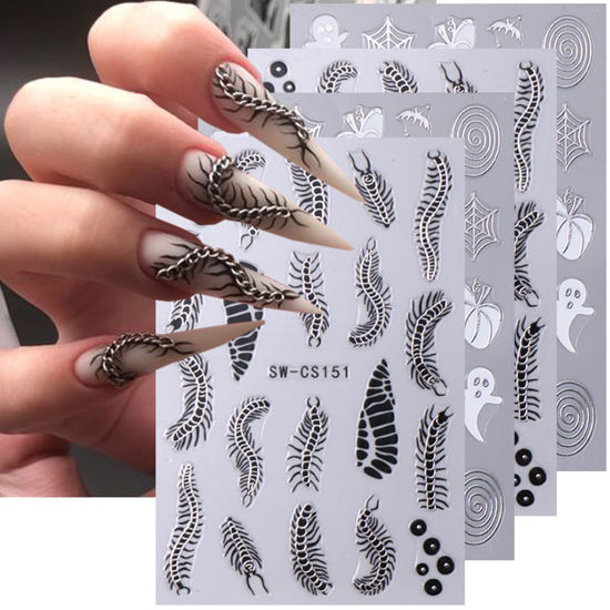 Picture of Halloween Nail Stickers, Halloween Nail Art Decals 3D Self-Adhesive Cute Ghost Halloween Nail Design DIY Holiday Nail Decoration Supplies Charms for Women and Girls Autumn Nail Art 6 Sheets