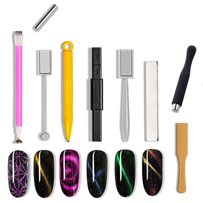 Picture of JERCLITY 9 Pieces Nail Magnet Tool Set Double-Head Flower Design Nail Magnet Pens Magnet Stick 3D Magnetic Cat Eye Gel Polish Nail Art for UV Gel Line Strip Multi-Function Magnet Board Nail Art Tool