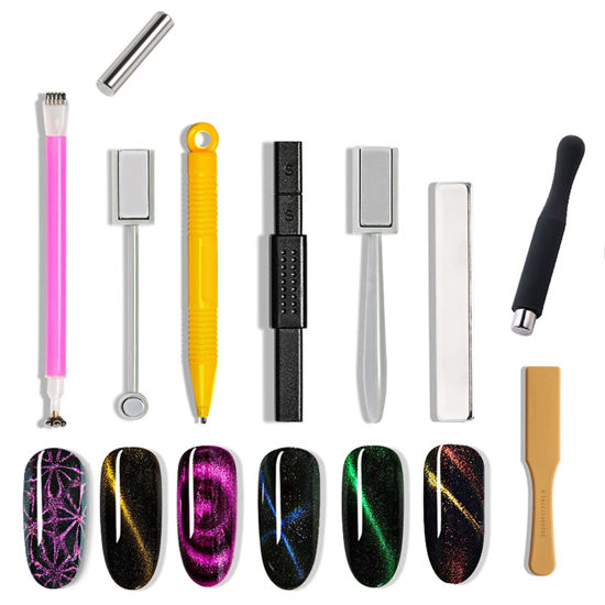 Picture of JERCLITY 9 Pieces Nail Magnet Tool Set Double-Head Flower Design Nail Magnet Pens Magnet Stick 3D Magnetic Cat Eye Gel Polish Nail Art for UV Gel Line Strip Multi-Function Magnet Board Nail Art Tool