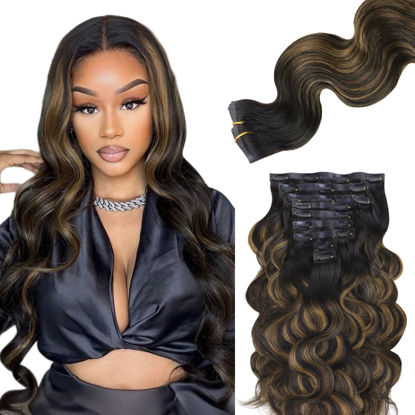 Picture of Lashey Seamless Clip in Hair Extensions Human Hair 130g 9pcs 16 Inch Body Wave Natural Black Mixed Chestnut Brown Clip in Hair Extensions for Women