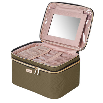 Picture of BAFAMYE 8.8L Double Layer Travel Makeup Bag With Mirror For Women, Large Cosmetic Case, Organizer for Travel-Size Accessories Bottles, Brushes,and Skin Care Products, 2.33 GAL, Brown…