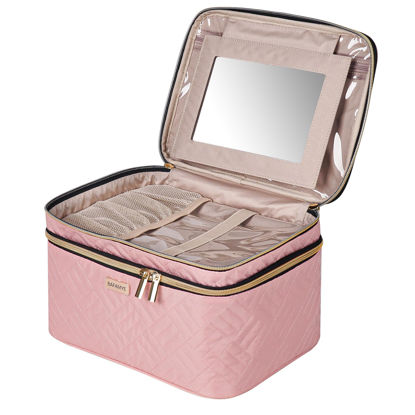 Picture of BAFAMYE 8.8L Double Layer Travel Makeup Bag With Mirror For Women, Large Cosmetic Case, Organizer for Travel-Size Accessories Bottles, Brushes,and Skin Care Products, 2.33 GAL, Pink