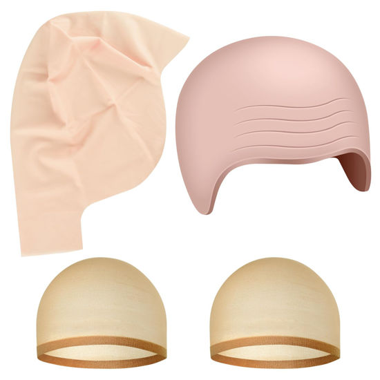 Picture of Morcheiong 2/4/8 Pieces Bald Cap for Halloween Costumes Makeup Latex Bald Head Wig Caps Bald Cosplay for Adults Women (Assorted Style, 4)
