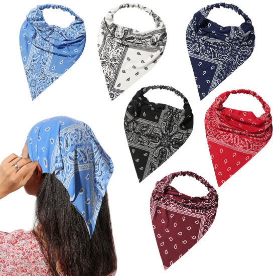 Picture of 6 Pack Hair Scarf Headband for Women - Elastic Hair Kerchief Large Boho Triangle Bandana Head Scarf with Clips Non Slip Paisley Print Headbands Hair Scarves for Teen Girls