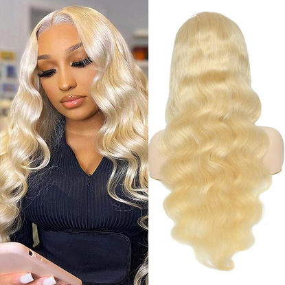 Picture of Loyom 613 Body Wave Lace Front Wig Human Hair 10a Brazilian 13x4 Blonde Lace Frontal Wigs 150% Density Pre Plucked Bleached Knots with Baby Hair 34 inch