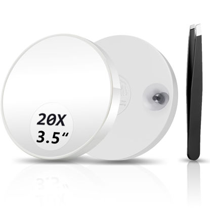 Picture of FAHZON 20X Magnifying Mirror, Magnified Mirror 3.5" with Two Suction Cups and Tweezers, Travel Magnifying Mirror Set Comes with Portable Storage Bag, Small Magnifying Mirror for Travel(White)