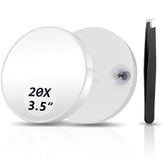 Picture of FAHZON 20X Magnifying Mirror, Magnified Mirror 3.5" with Two Suction Cups and Tweezers, Travel Magnifying Mirror Set Comes with Portable Storage Bag, Small Magnifying Mirror for Travel(White)