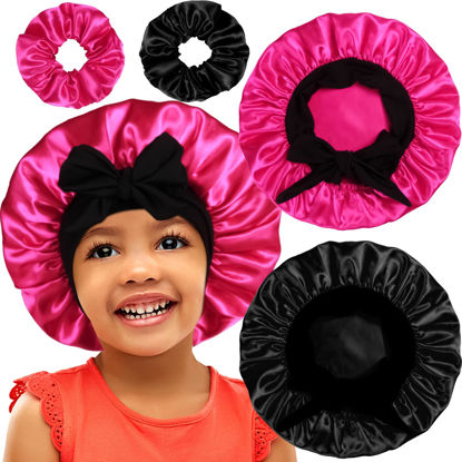 Picture of 2+2 Satin Bonnets with Scrunchies for Kids, Cute Hair Bonnets for Girls Sleeping Curly Hair, F