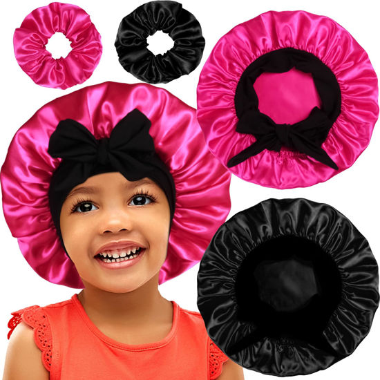 Picture of 2+2 Satin Bonnets with Scrunchies for Kids, Cute Hair Bonnets for Girls Sleeping Curly Hair, F
