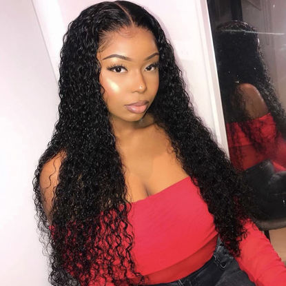 Picture of Eooma Curly HD Transparent Lace Front Wigs Human Hair for Black Women Natural Black Color 4x4 Lace Closure 150% Density 16 Inch Curly Human Hair Wigs Pre Plucked with Baby Hair