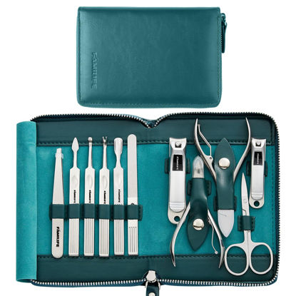 Picture of FAMILIFE Nail Kit, Professional Manicure Set Manicure Kit, 11 in 1 Stainless Steel Nail Clippers Set Pedicure Tools, Men Grooming Tool with Portable Blue Leather Travel Case Luxury Gifts for Him