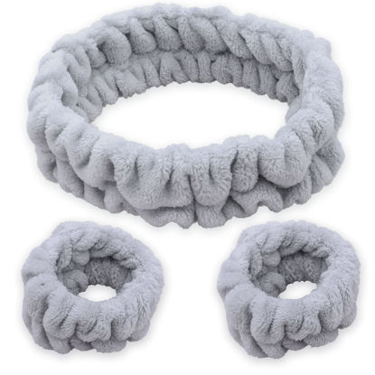 Picture of FROG SAC Spa Headband and Wristbands for Face Washing, Fuzzy Skincare Make Up Headbands Set for Women, Soft Puffy Makeup Skin Care Facewashing Hair Band Accessories for Girls (Gray)