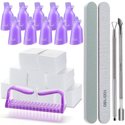 Picture of Gel Nail Polish Remover Tools Kit, with 10 Pcs Nail Clips, 400 Pcs Lint Free Nail Wipes, Nail Files 100/180, Buffer Block 400/4000, Nail Brush, Cuticle Pusher, Cuticle Peeler (Purple)