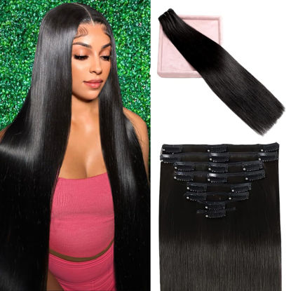 Picture of POGINJA Clip in Hair Extensions Real Human Hair, 20 Inch Remy Human Hair Clip in Extensions for Black Women, Invisible Natural Straight Seamless Clip ins Hair Extensions 8pcs Double Weft #1B 100g