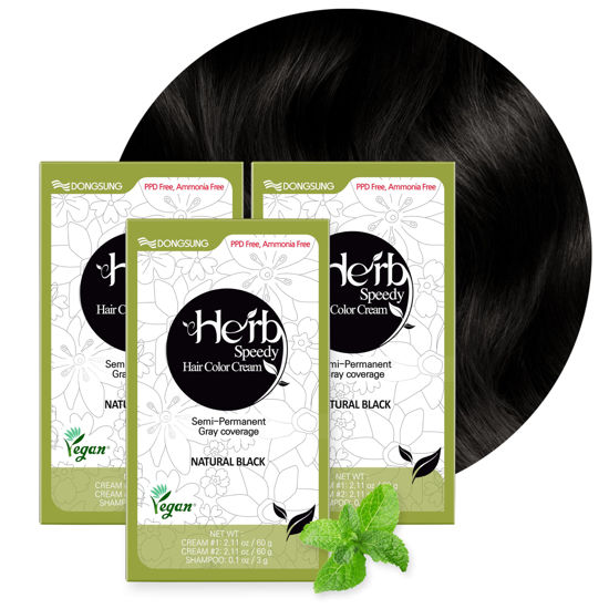 Picture of DONGSUNG Herb Speedy Color Cream (Natural Black, 3 Pack), PPD-Free Ammonia-Free Vegan Hair Dye with Sun Protection, Odorless, Gentle for Sensitive Scalp, No Eye or Scalp Irritation