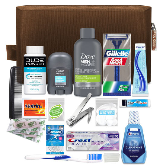Picture of Convenience Kits International Men’s Premium 20-Piece Kit with Travel Size TSA Compliant Essentials, Featuring: Dove Men & Care Products in Brown Dopp Bag