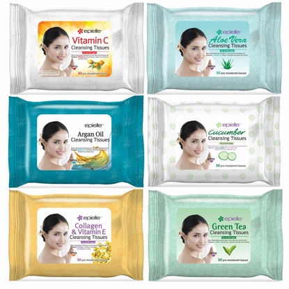 Picture of Epielle OG Makeup Remover Cleansing Wipes Tissue | Gentle for all Skin Types | Daily Facial Cleansing Towelettes | Removes Dirt, Oil, Makeup | Nicely Scented | 30 Count | Assorted 6 Pack