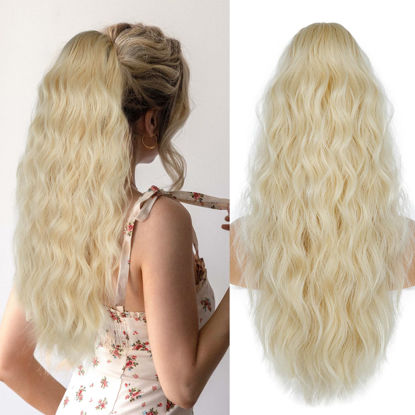 Picture of Drawstring Ponytail for Women, 26 inch Blonde Ponytail Extension, Synthetic Pony Tails Hair Extensions, Natural Clip in Ponytail Hair Extensions for Daily Use (Platinum Blonde with Golden Blonde)