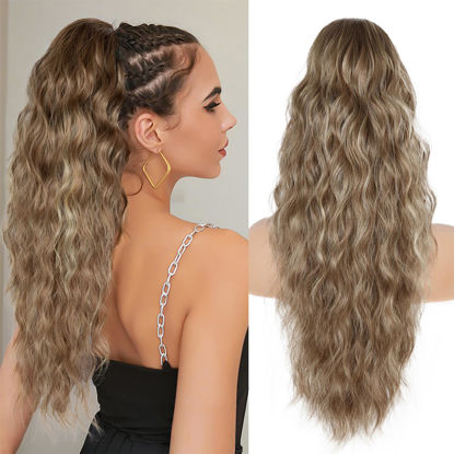 Picture of Ponytail Extension for Women, 26 inch Drawstring Ponytail Extension, Wavy Pony Tails Hair Extensions, Synthetic Hair Extensions Ponytail for Daily Use (Medium Brown Highlighted Blonde)