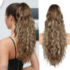 Picture of Ponytail Extension for Women, 26 inch Drawstring Ponytail Extension, Wavy Pony Tails Hair Extensions, Synthetic Hair Extensions Ponytail for Daily Use (Deep Almond Brown with Wheat Germ Blonde)
