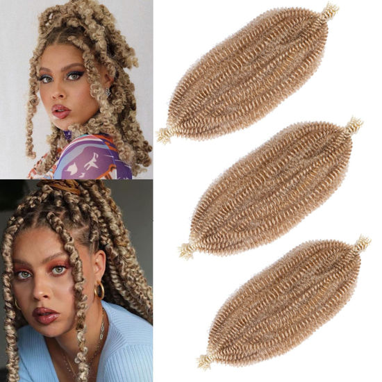 Picture of 3 Packs Spring Twist Hair 16 Inch Springy Afro Twist Hair for Pre Fluffed Kinky Twist Hair Synthetic Marley Twist Braiding Hair Extensions for Black Women Light Brown Blonde (16 Inch 3Pcs, 27613#)