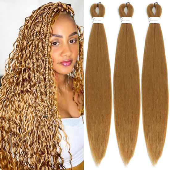 Picture of Braiding Hair Pre Stretched for Women Hair Extensions Box Braids Soft Synthetic Knotless Yaki Texture Hot Water Setting Braid Gold (24inch 3Packs)